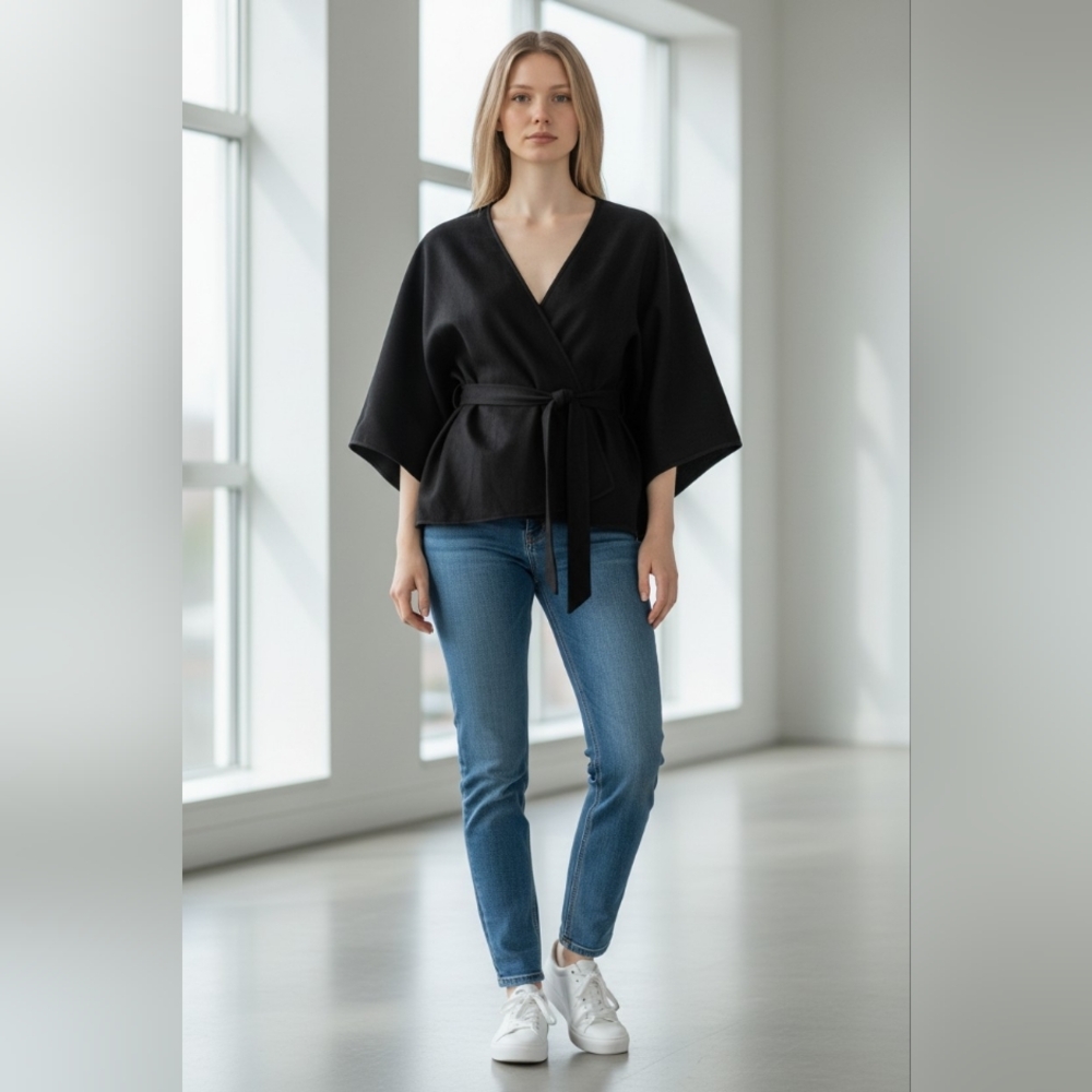 Vince Camuto Black Wrap Poncho Jacket Style Soft Career Casual Dress Club Cape